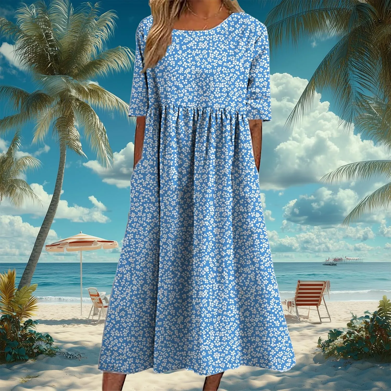HOTYD Ditsy Floral Midi Dresses for Women Plus Size Short Sleeve Casual Loose Fit Flowy Summer Dress with Pockets