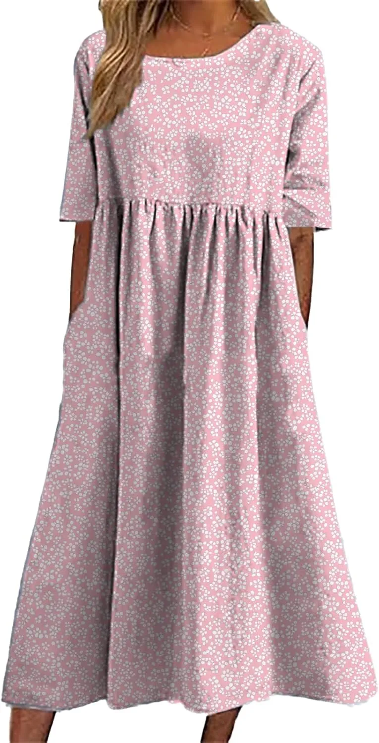 HOTYD Ditsy Floral Midi Dresses for Women Plus Size Short Sleeve Casual Loose Fit Flowy Summer Dress with Pockets