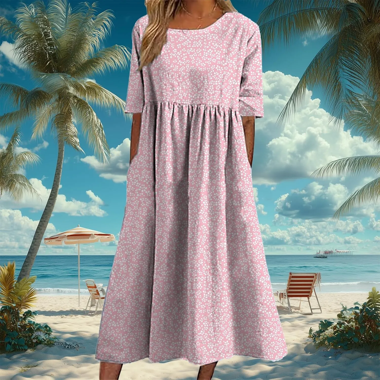 HOTYD Ditsy Floral Midi Dresses for Women Plus Size Short Sleeve Casual Loose Fit Flowy Summer Dress with Pockets