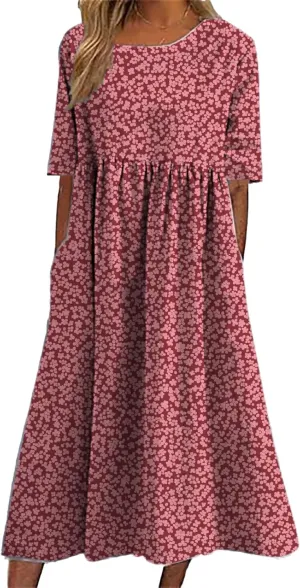 HOTYD Ditsy Floral Midi Dresses for Women Plus Size Short Sleeve Casual Loose Fit Flowy Summer Dress with Pockets