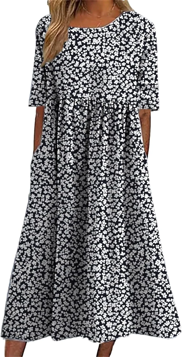 HOTYD Ditsy Floral Midi Dresses for Women Plus Size Short Sleeve Casual Loose Fit Flowy Summer Dress with Pockets