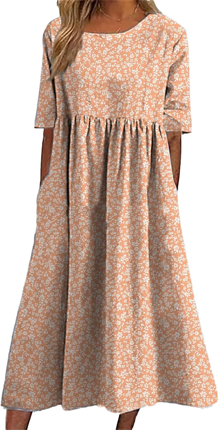 HOTYD Ditsy Floral Midi Dresses for Women Plus Size Short Sleeve Casual Loose Fit Flowy Summer Dress with Pockets