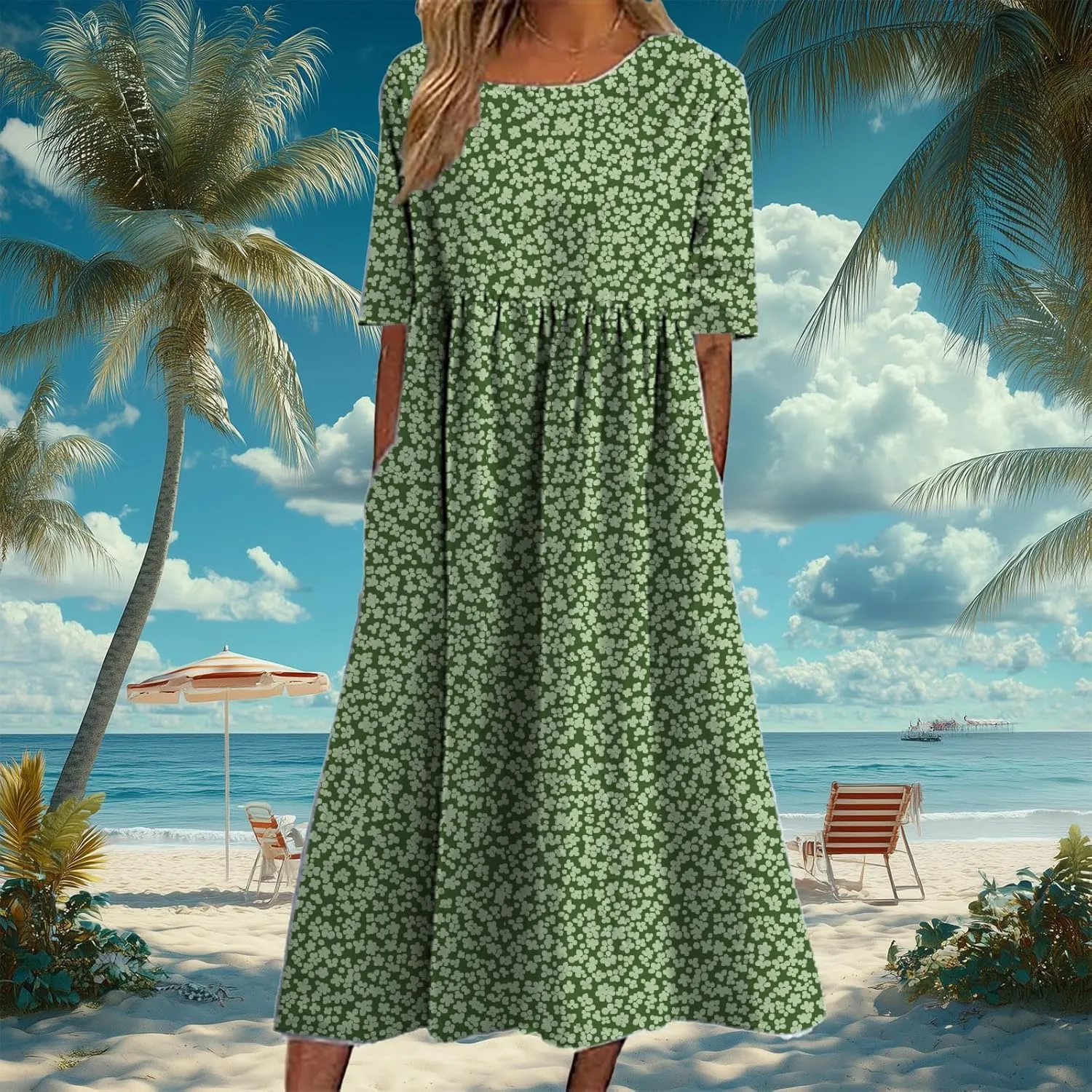 HOTYD Ditsy Floral Midi Dresses for Women Plus Size Short Sleeve Casual Loose Fit Flowy Summer Dress with Pockets