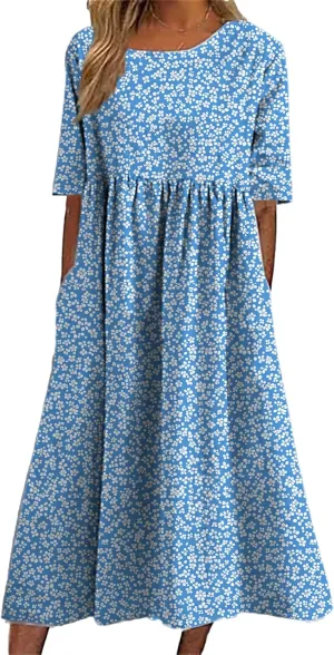 HOTYD Ditsy Floral Midi Dresses for Women Plus Size Short Sleeve Casual Loose Fit Flowy Summer Dress with Pockets