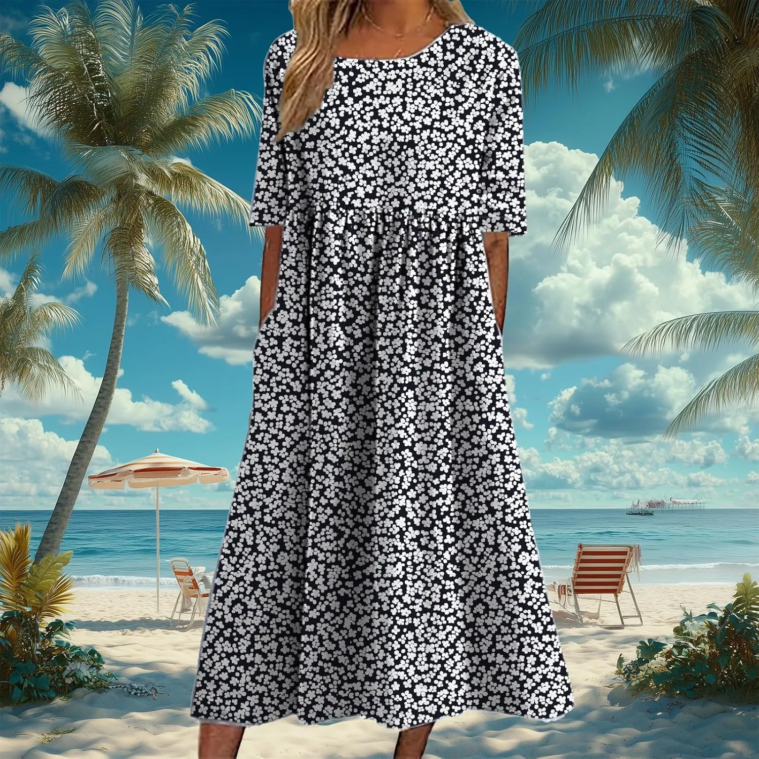 HOTYD Ditsy Floral Midi Dresses for Women Plus Size Short Sleeve Casual Loose Fit Flowy Summer Dress with Pockets