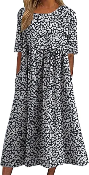 HOTYD Ditsy Floral Midi Dresses for Women Plus Size Short Sleeve Casual Loose Fit Flowy Summer Dress with Pockets