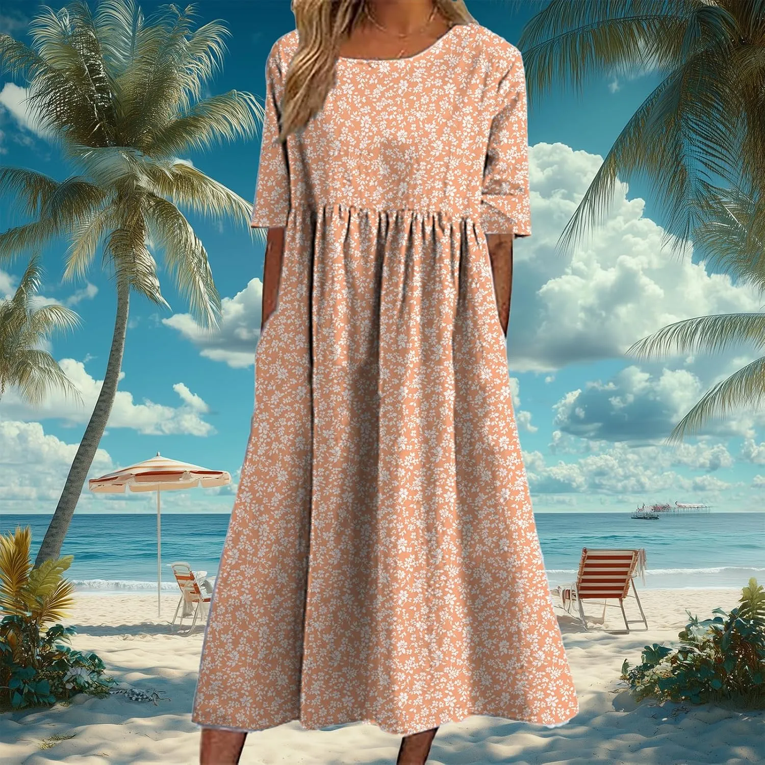 HOTYD Ditsy Floral Midi Dresses for Women Plus Size Short Sleeve Casual Loose Fit Flowy Summer Dress with Pockets