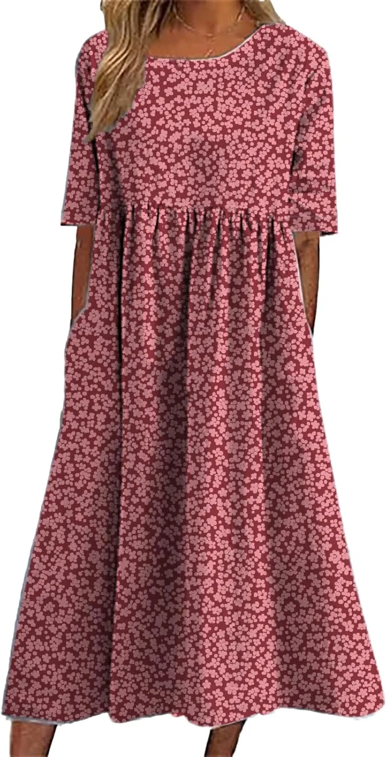 HOTYD Ditsy Floral Midi Dresses for Women Plus Size Short Sleeve Casual Loose Fit Flowy Summer Dress with Pockets
