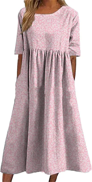 HOTYD Ditsy Floral Midi Dresses for Women Plus Size Short Sleeve Casual Loose Fit Flowy Summer Dress with Pockets
