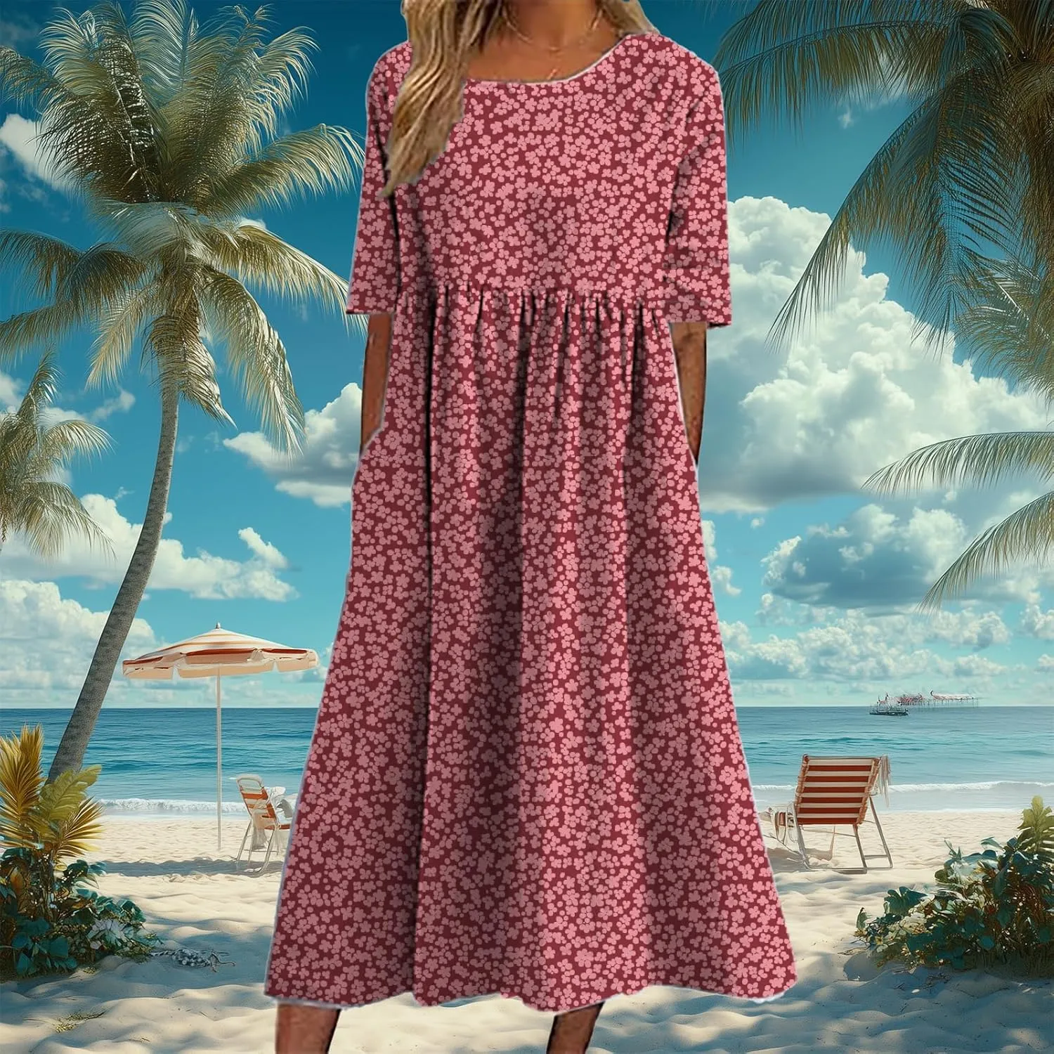 HOTYD Ditsy Floral Midi Dresses for Women Plus Size Short Sleeve Casual Loose Fit Flowy Summer Dress with Pockets