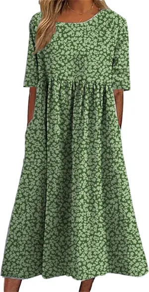 HOTYD Ditsy Floral Midi Dresses for Women Plus Size Short Sleeve Casual Loose Fit Flowy Summer Dress with Pockets