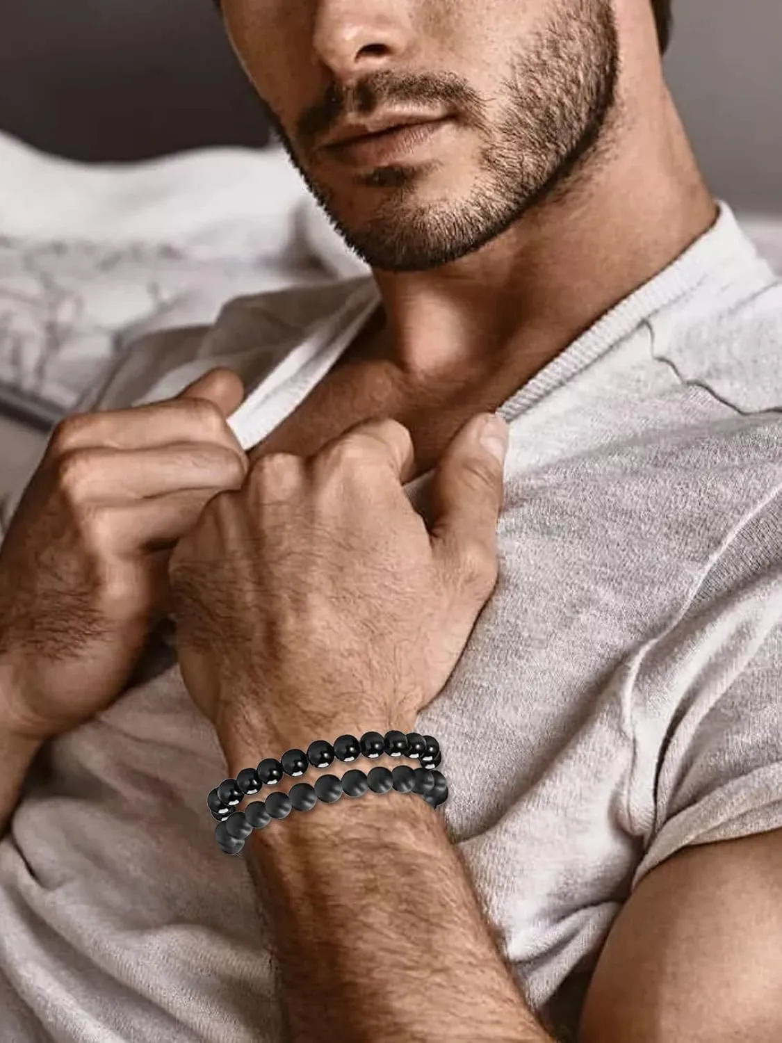 HUASAI Black Tourmaline Bracelets for Men Beaded Bracelet Adjustable Shungite Bracelet Black Onyx Obsidian Jewelry Father Day Gifts for Dad Husband