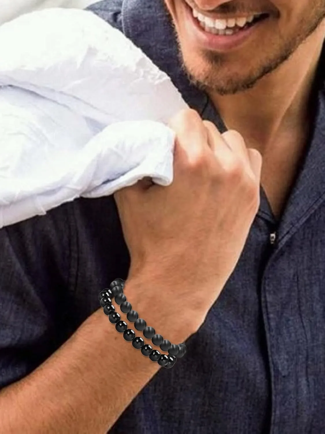 HUASAI Black Tourmaline Bracelets for Men Beaded Bracelet Adjustable Shungite Bracelet Black Onyx Obsidian Jewelry Father Day Gifts for Dad Husband