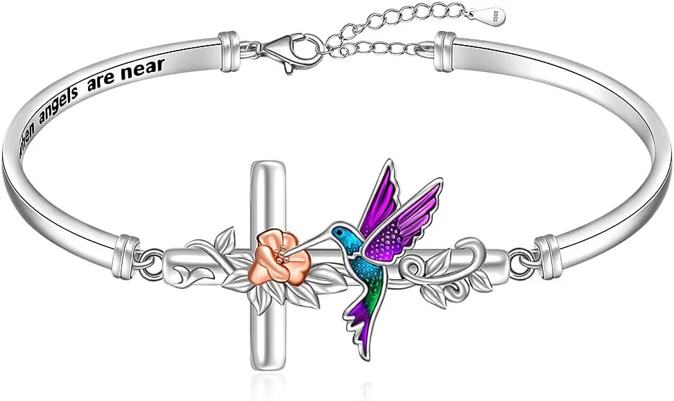 Hummingbird Bracelet for Women Sterling Silver Cross Hummingbird Bracelets Flower Bird Blue Purple Hummingbirds Jewelry Christmas Gifts