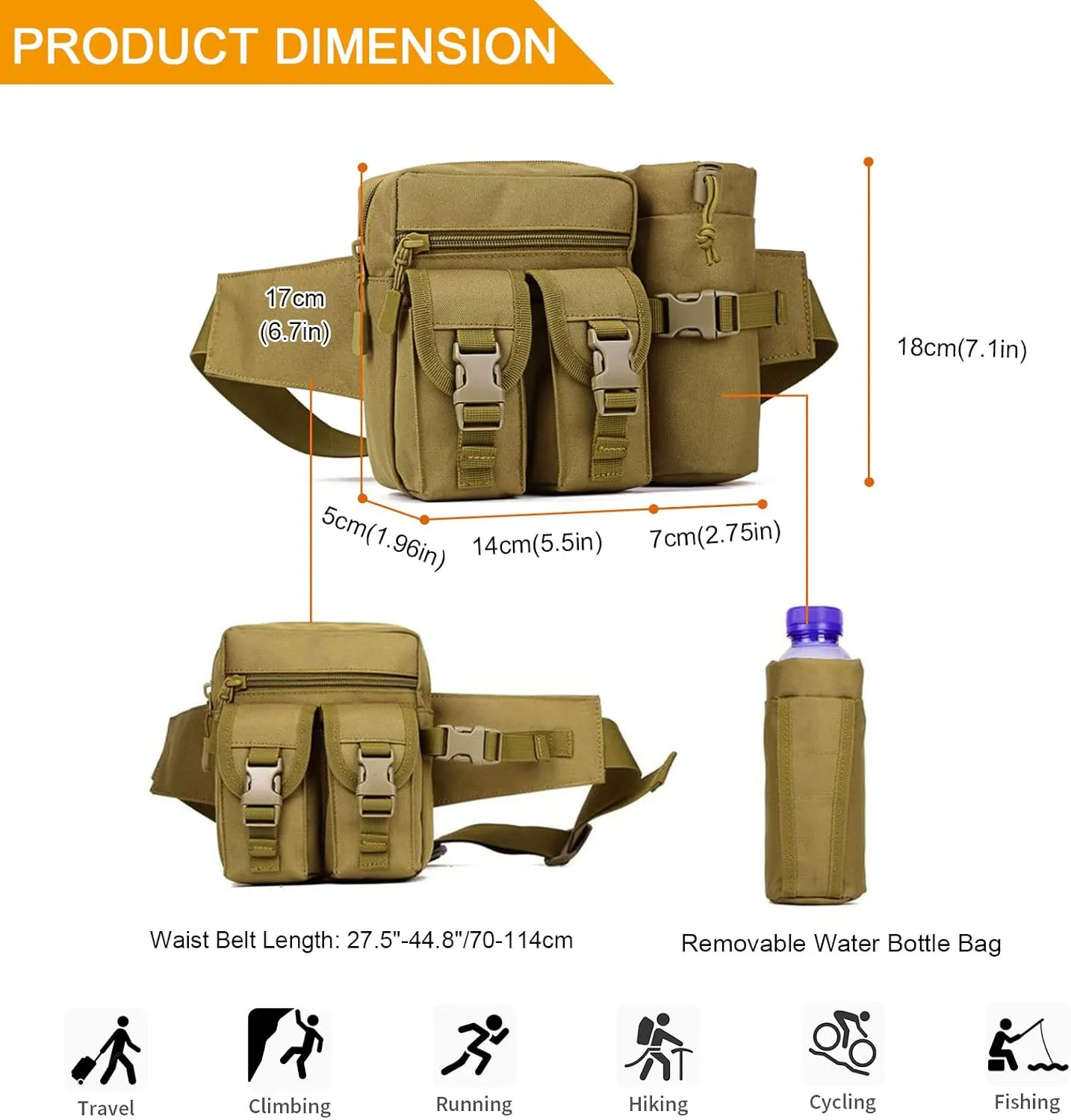 Huntvp Tactical Waist Pack Pouch With Water Bottle Pocket Holder Waterproof Molle Fanny Hip Belt Bag
