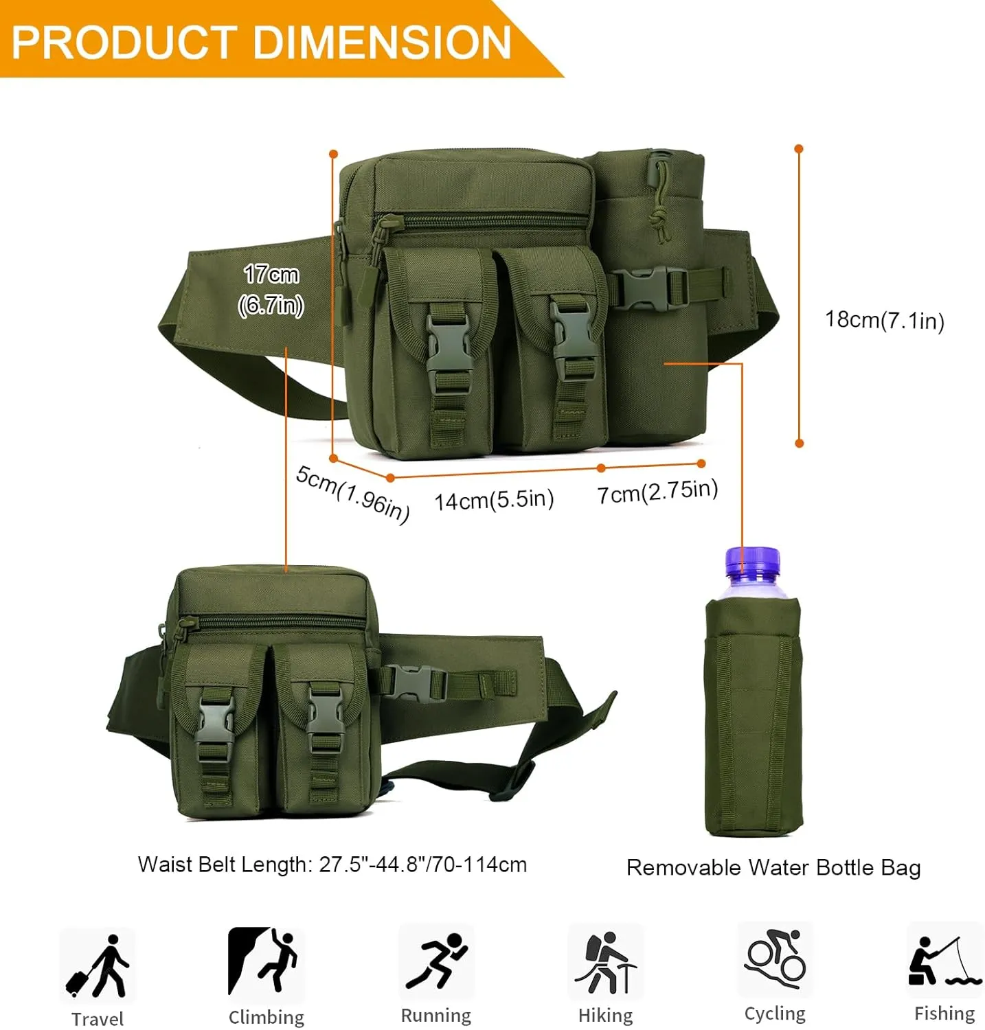 Huntvp Tactical Waist Pack Pouch With Water Bottle Pocket Holder Waterproof Molle Fanny Hip Belt Bag