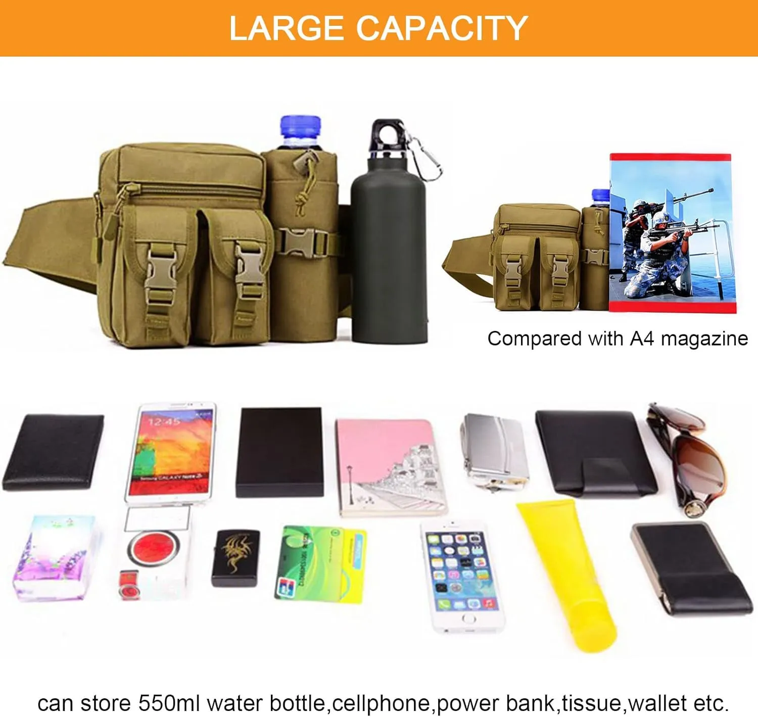 Huntvp Tactical Waist Pack Pouch With Water Bottle Pocket Holder Waterproof Molle Fanny Hip Belt Bag