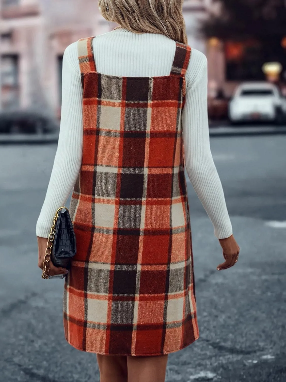 IDEALSANXUN Plaid Overall Dress for Women Fall Winter Sleeveless Plaid Dresses with Pockets