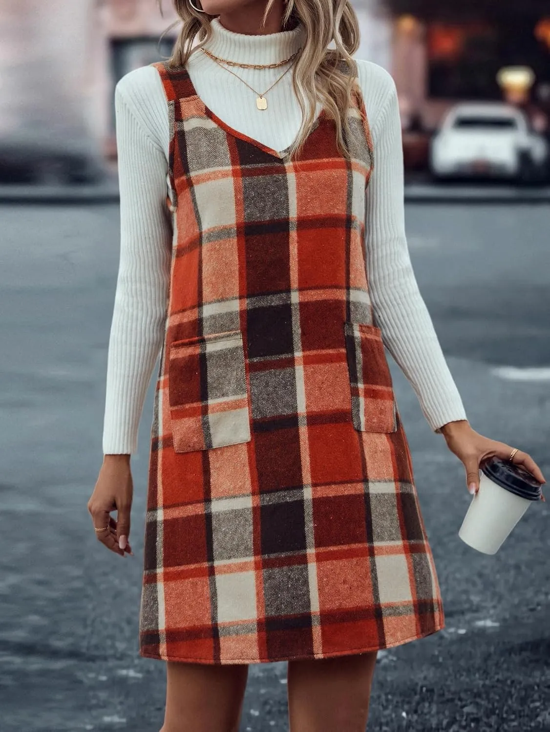 IDEALSANXUN Plaid Overall Dress for Women Fall Winter Sleeveless Plaid Dresses with Pockets