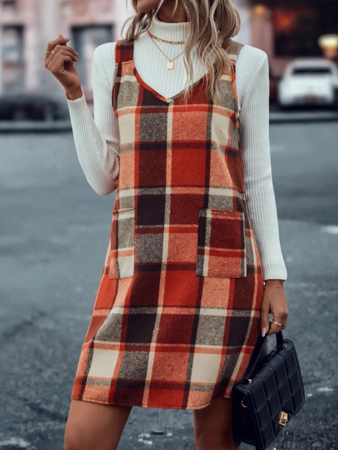 IDEALSANXUN Plaid Overall Dress for Women Fall Winter Sleeveless Plaid Dresses with Pockets