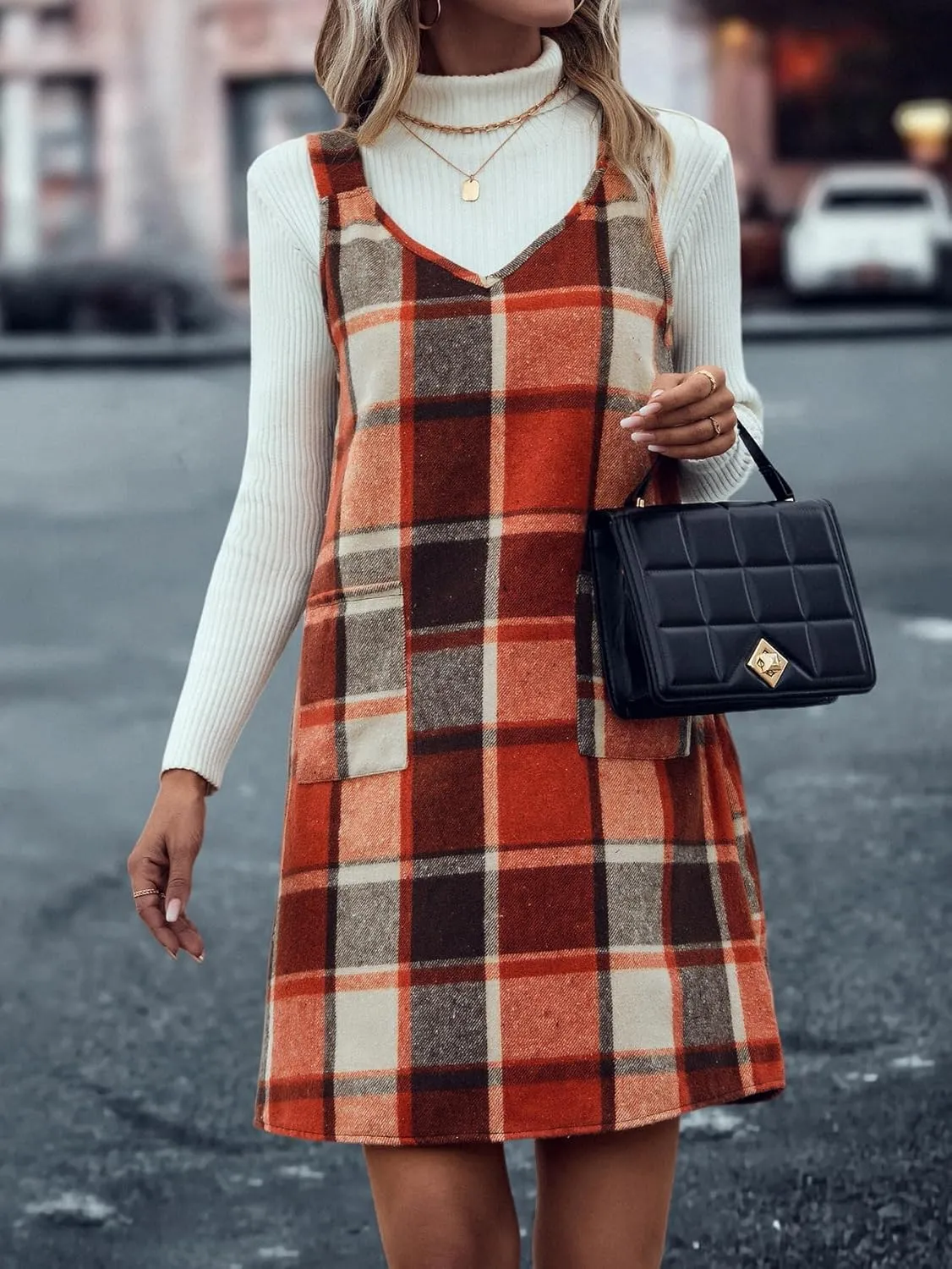 IDEALSANXUN Plaid Overall Dress for Women Fall Winter Sleeveless Plaid Dresses with Pockets