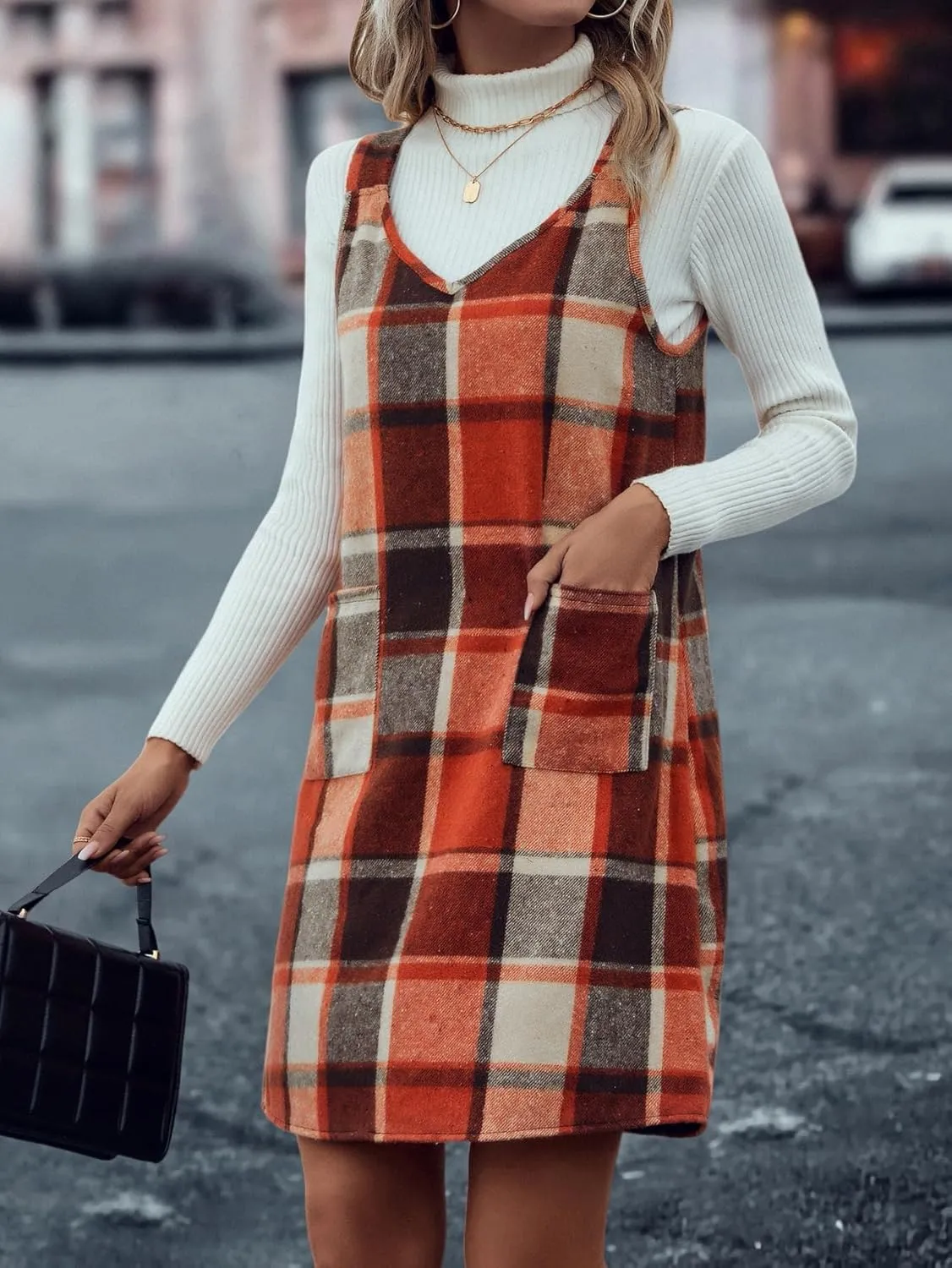 IDEALSANXUN Plaid Overall Dress for Women Fall Winter Sleeveless Plaid Dresses with Pockets