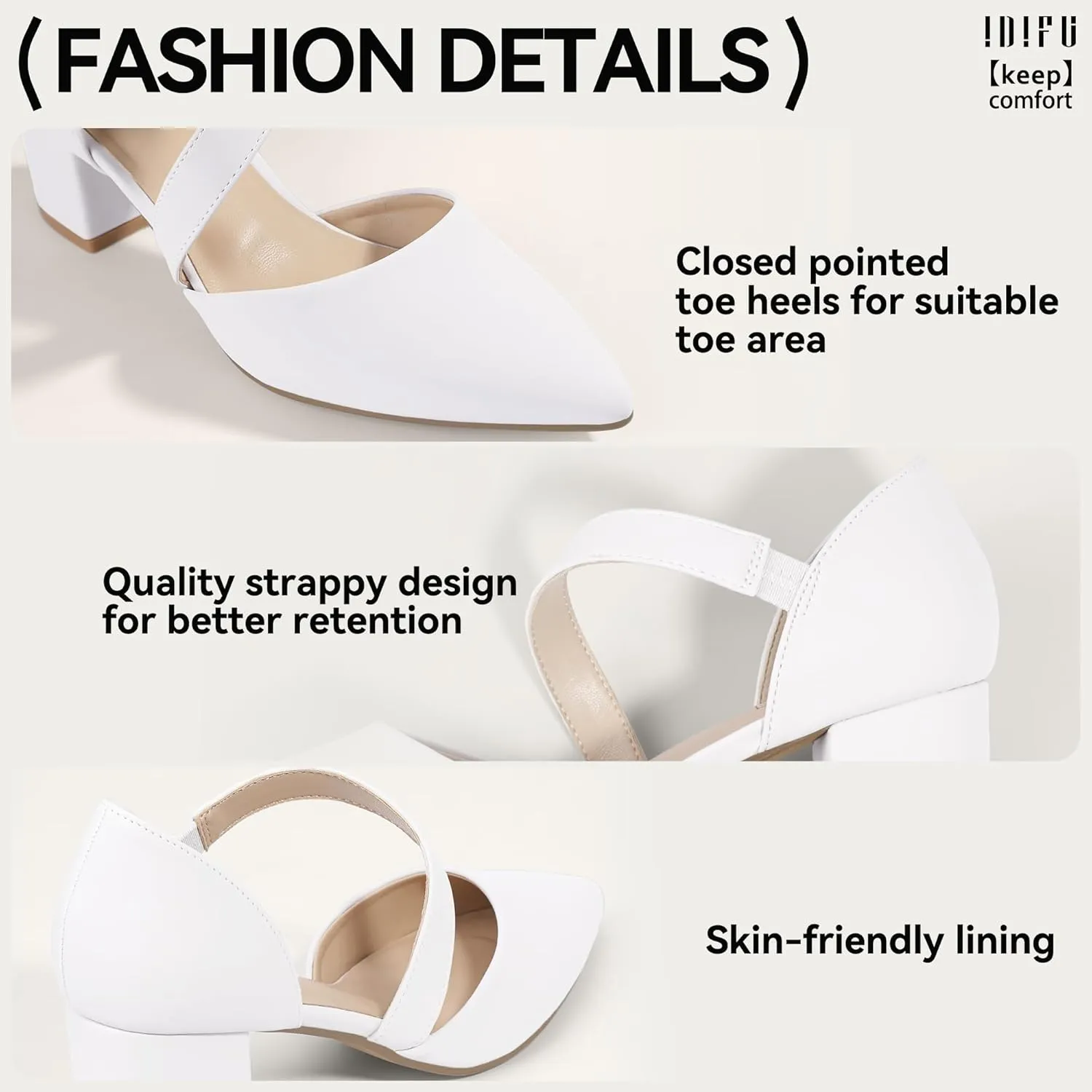IDIFU IN2 Women's Pumps Closed Toe Strappy Heels Low Block Chunky Heels Dressy Wedding Bride Bridesmaid Prom Graduation Business Dress Shoes for Women Comfortable Formal Pointed Toe Short Small Heels