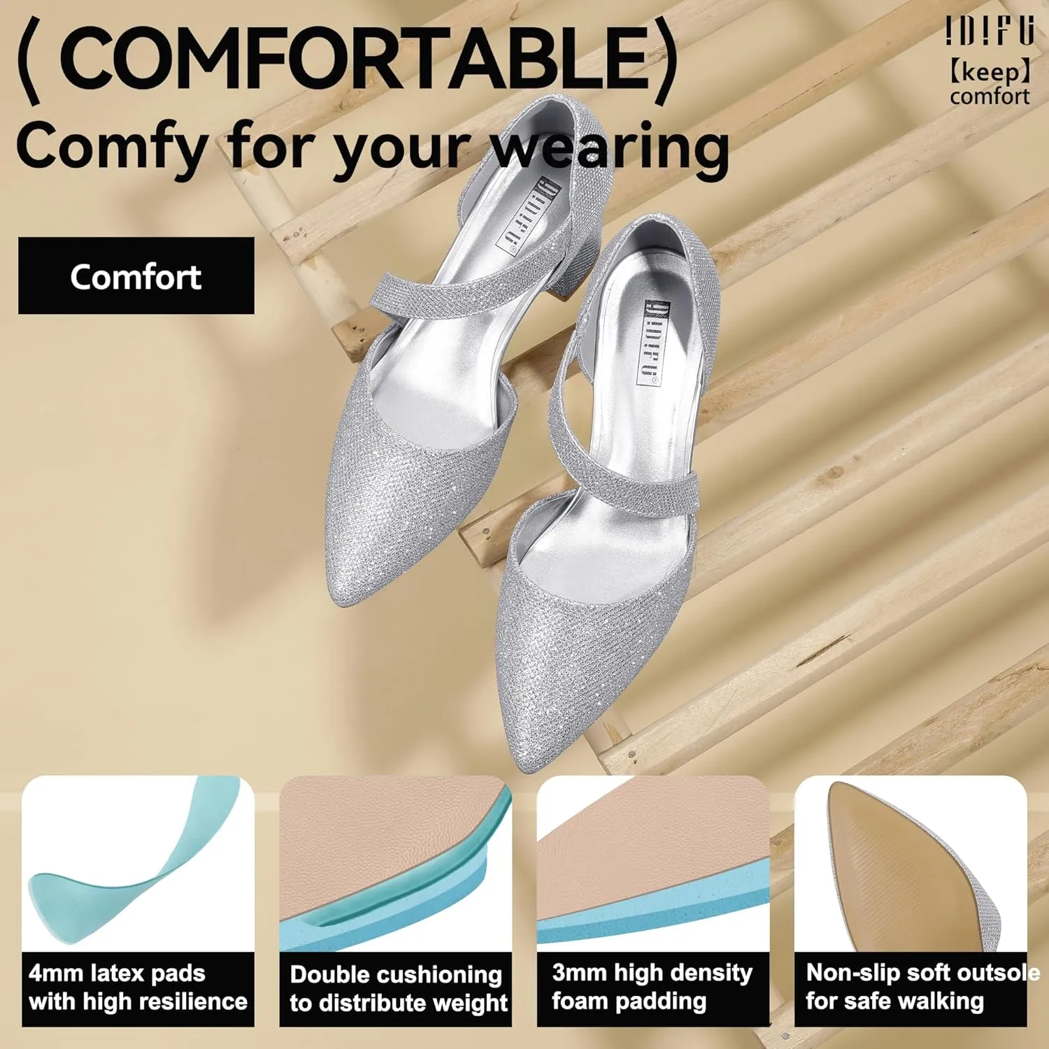 IDIFU IN2 Women's Pumps Closed Toe Strappy Heels Low Block Chunky Heels Dressy Wedding Bride Bridesmaid Prom Graduation Business Dress Shoes for Women Comfortable Formal Pointed Toe Short Small Heels