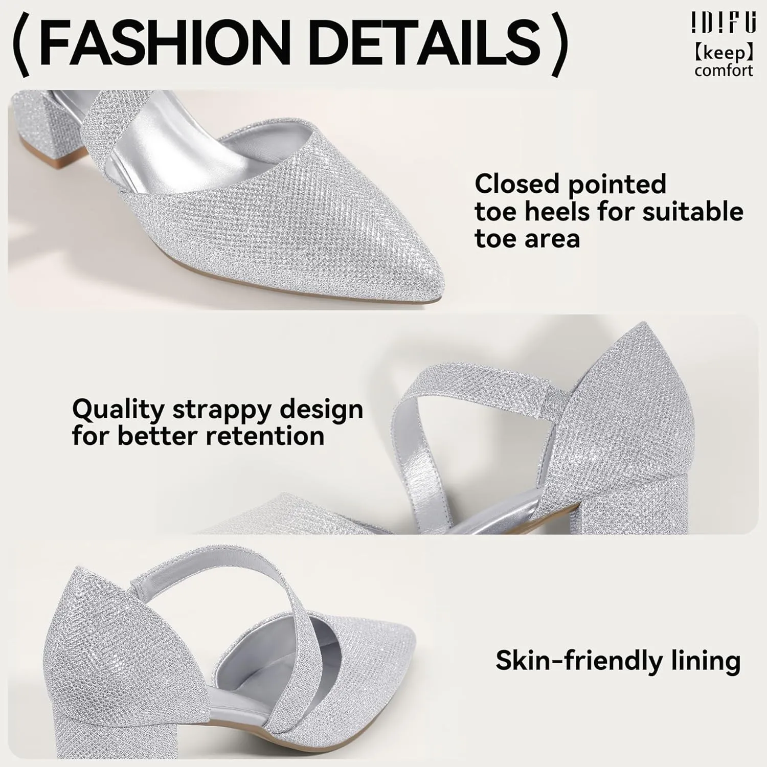 IDIFU IN2 Women's Pumps Closed Toe Strappy Heels Low Block Chunky Heels Dressy Wedding Bride Bridesmaid Prom Graduation Business Dress Shoes for Women Comfortable Formal Pointed Toe Short Small Heels
