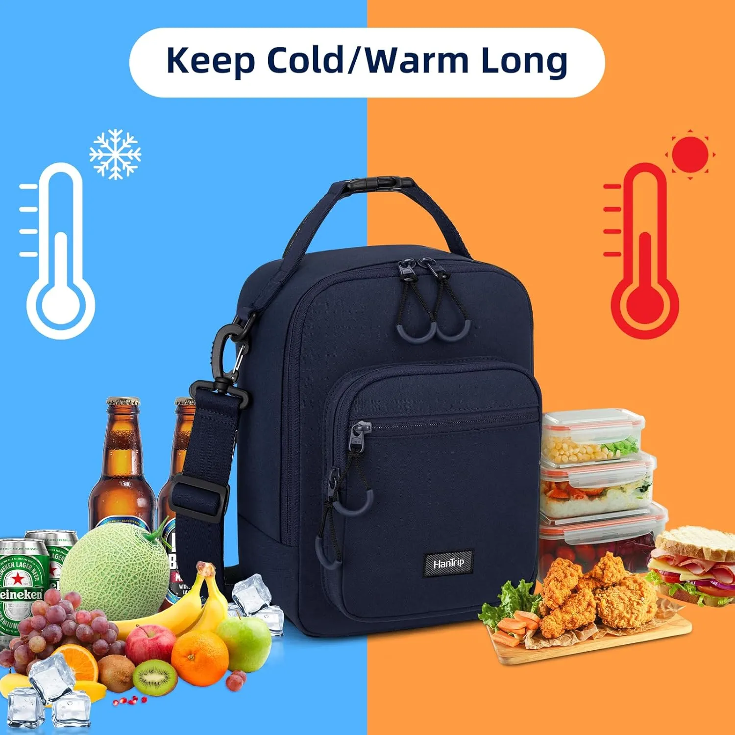 Insulated Lunch Bag with Adjustable Shoulder Strap, Lunch Box for Women Men, Reusable Portable Lunchbox for Office Work Picnic (Navy Blue)