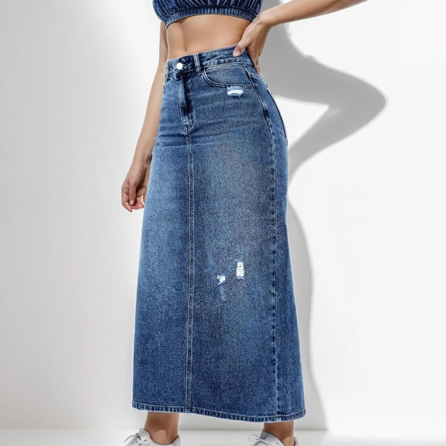 Jean Skirts for Women Summer Fashion High Waisted Denim Skirt Ripped Stretch Loose Fit AnkleLength Skirt Maxi