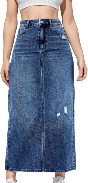 Jean Skirts for Women Summer Fashion High Waisted Denim Skirt Ripped Stretch Loose Fit AnkleLength Skirt Maxi