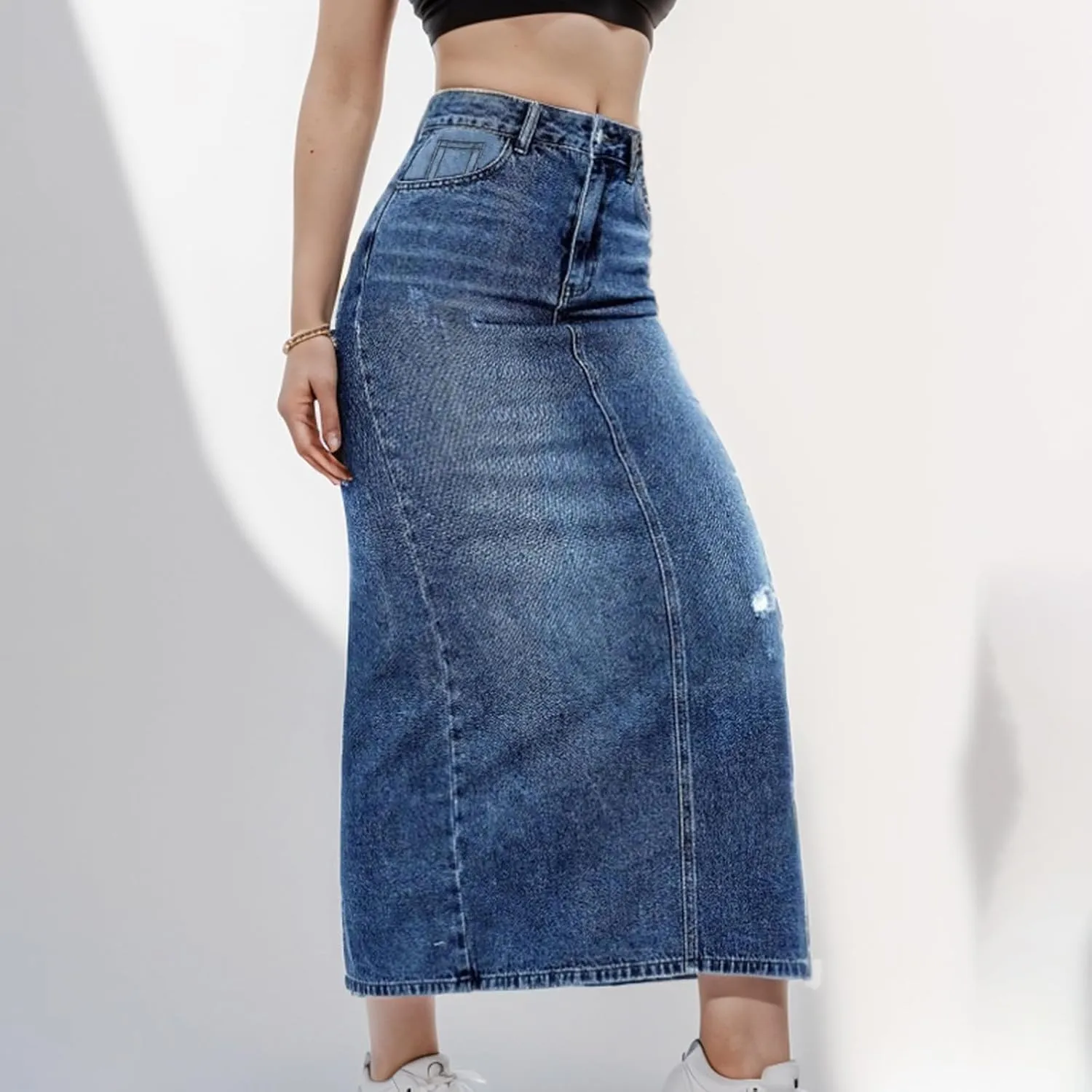 Jean Skirts for Women Summer Fashion High Waisted Denim Skirt Ripped Stretch Loose Fit AnkleLength Skirt Maxi