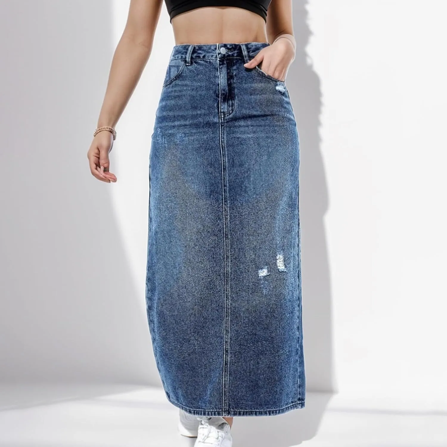 Jean Skirts for Women Summer Fashion High Waisted Denim Skirt Ripped Stretch Loose Fit AnkleLength Skirt Maxi