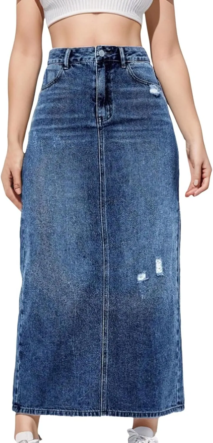 Jean Skirts for Women Summer Fashion High Waisted Denim Skirt Ripped Stretch Loose Fit AnkleLength Skirt Maxi