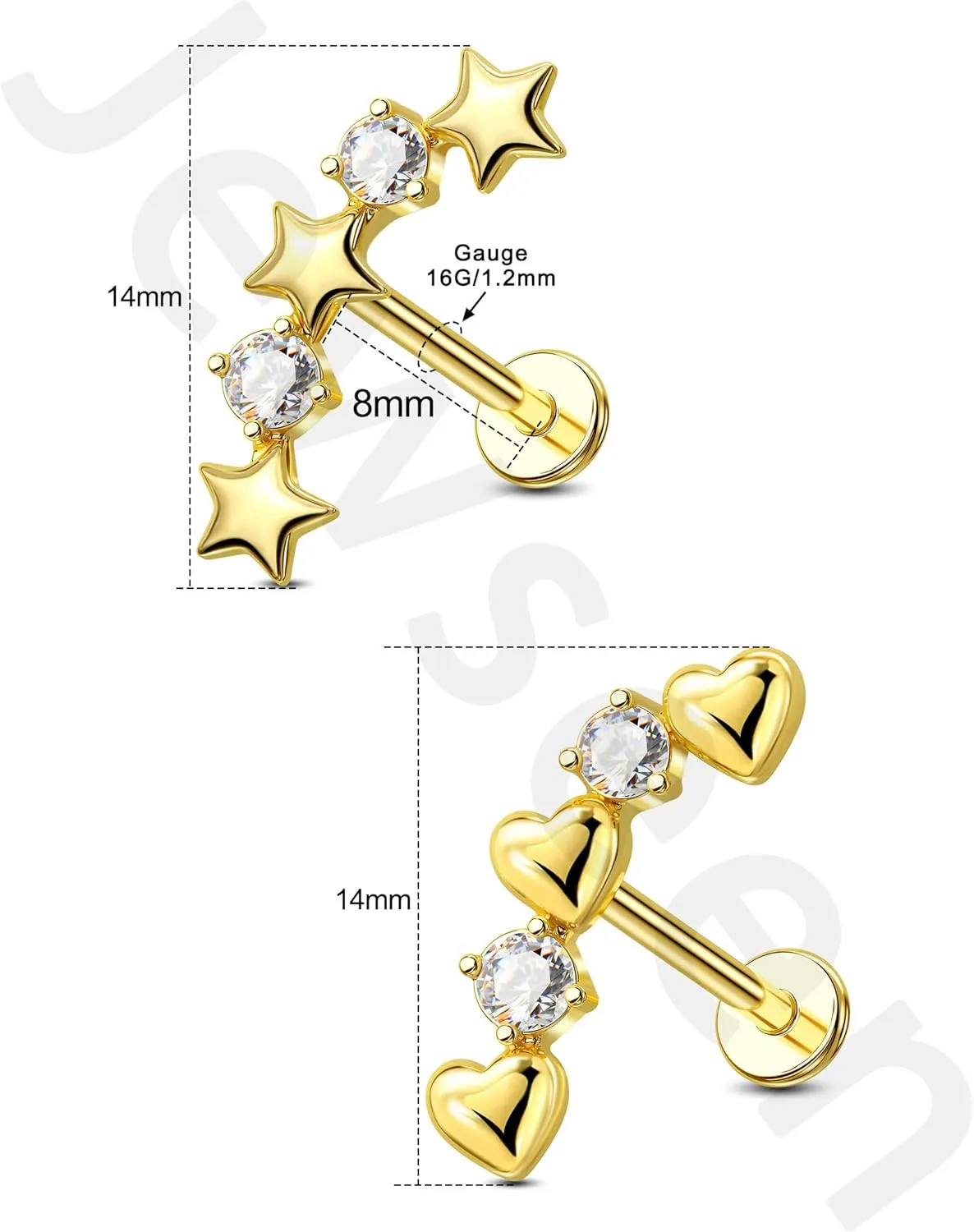 Jewseen 16g Internally Threaded Flat Back Earrings 316L Stainless Steel Star Helix Earrings Heart Cartilage Stud Earrings Gold Lip Piercing Jewelry Nose Stud for Women