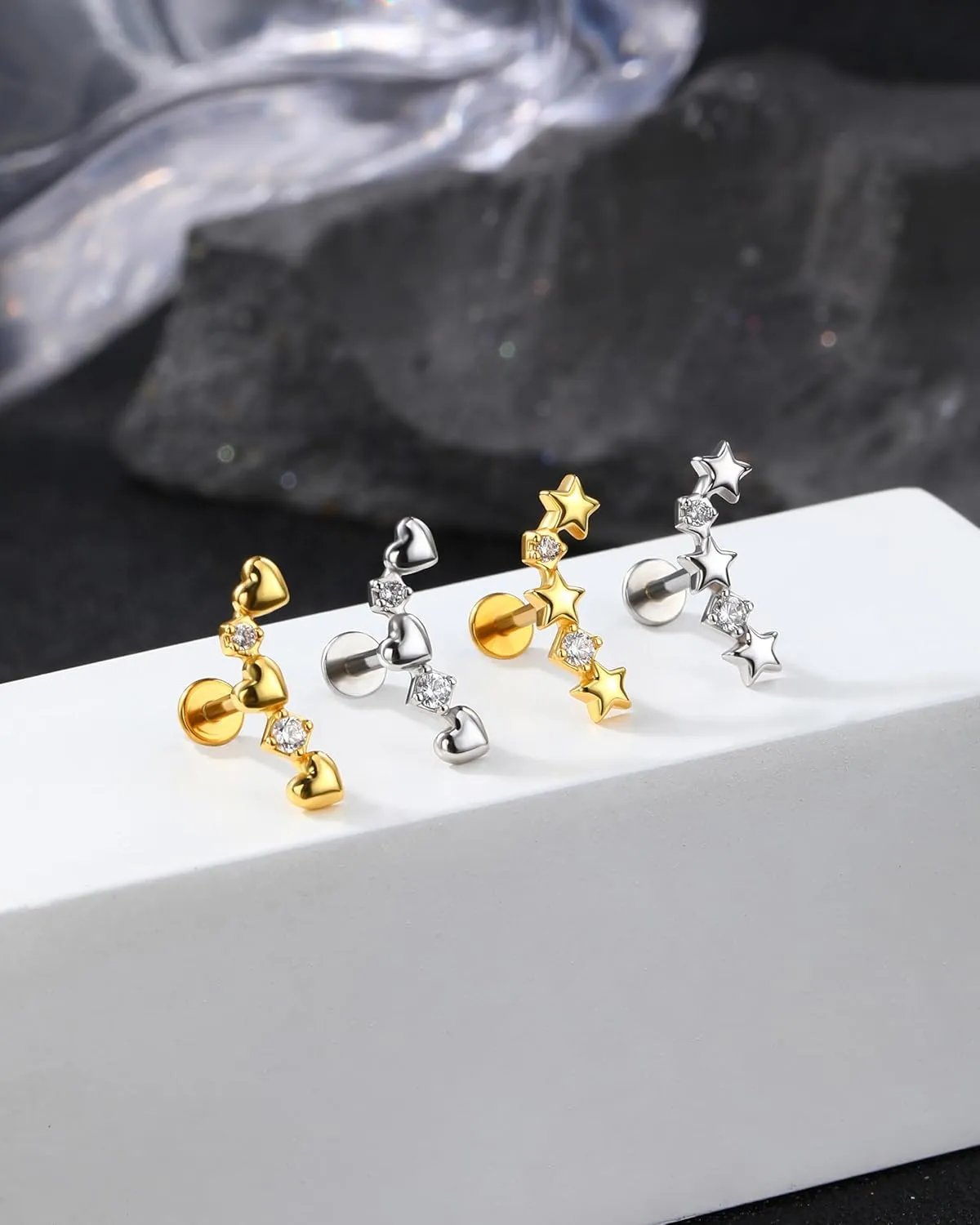 Jewseen 16g Internally Threaded Flat Back Earrings 316L Stainless Steel Star Helix Earrings Heart Cartilage Stud Earrings Gold Lip Piercing Jewelry Nose Stud for Women