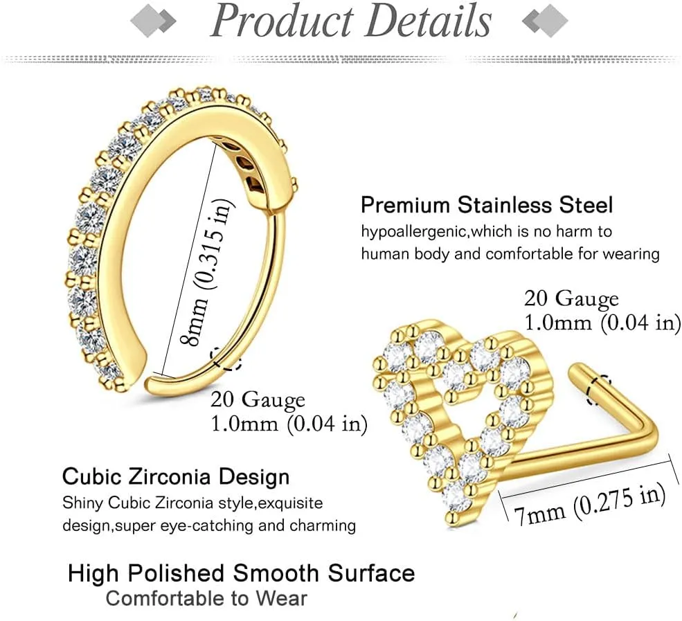 JFORYOU 20G Nose Studs Nose Rings Hoop Surgical Steel CZ Opal Nose Rings Piercings Hoop Jewelry Various Style and Color