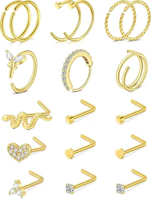 JFORYOU 20G Nose Studs Nose Rings Hoop Surgical Steel CZ Opal Nose Rings Piercings Hoop Jewelry Various Style and Color