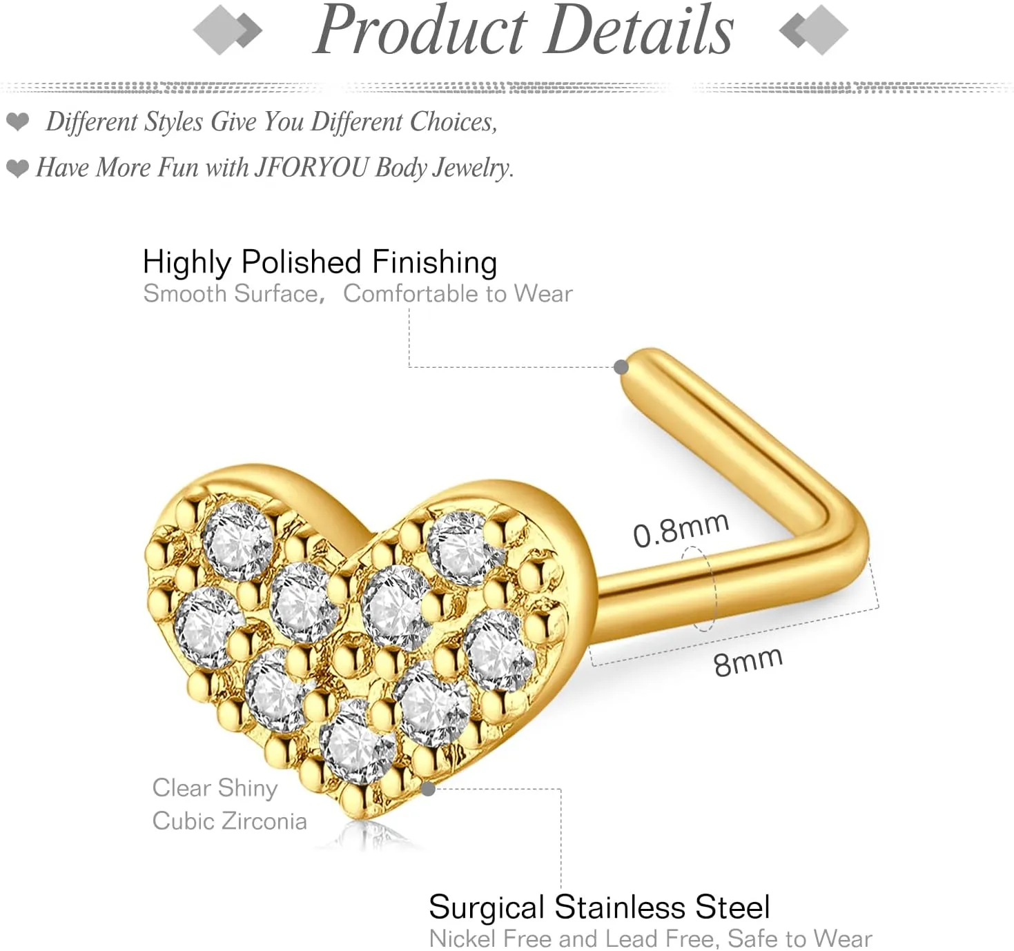 JFORYOU 20G Nose Studs Nose Rings Hoop Surgical Steel CZ Opal Nose Rings Piercings Hoop Jewelry Various Style and Color