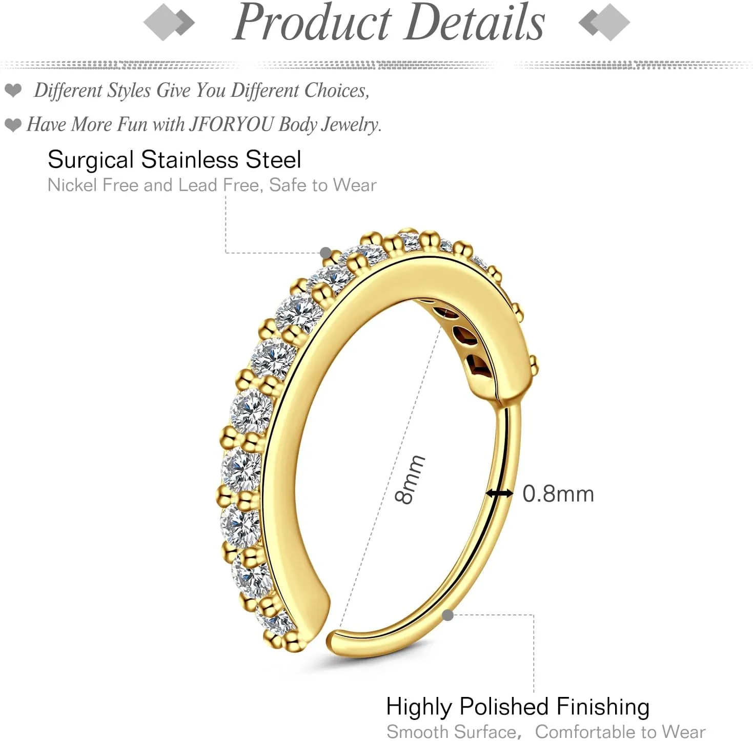 JFORYOU 20G Nose Studs Nose Rings Hoop Surgical Steel CZ Opal Nose Rings Piercings Hoop Jewelry Various Style and Color