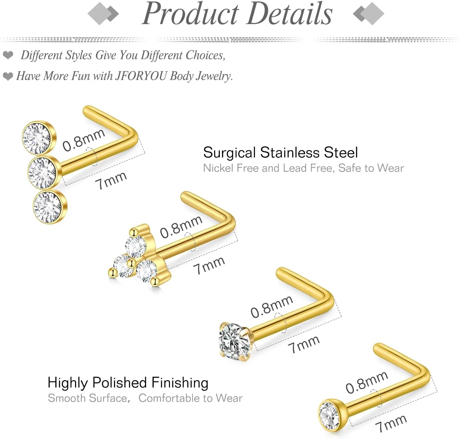 JFORYOU 20G Nose Studs Nose Rings Hoop Surgical Steel CZ Opal Nose Rings Piercings Hoop Jewelry Various Style and Color