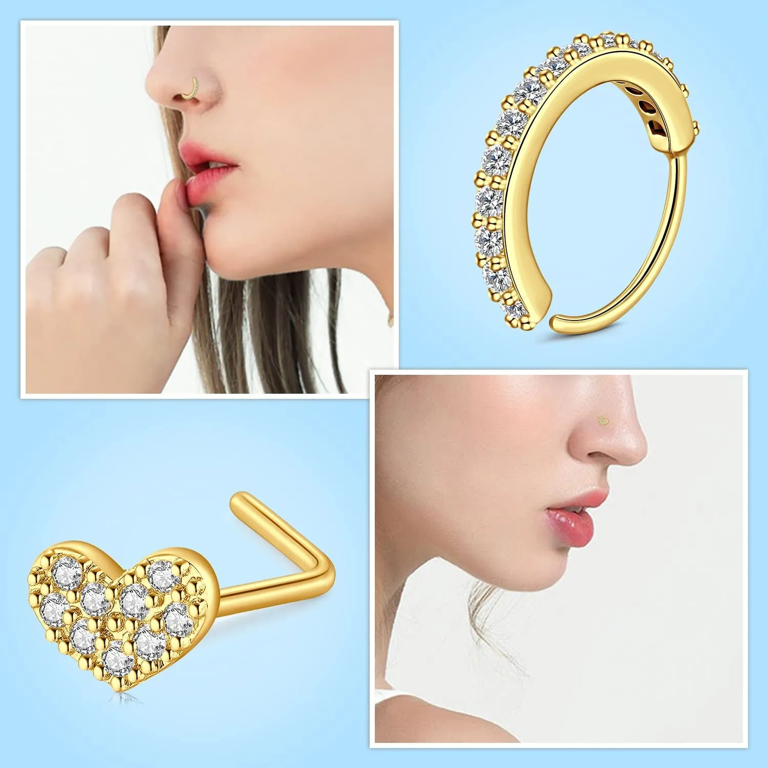 JFORYOU 20G Nose Studs Nose Rings Hoop Surgical Steel CZ Opal Nose Rings Piercings Hoop Jewelry Various Style and Color
