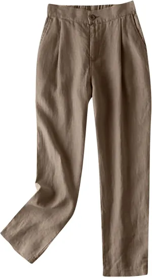 JOAU Linen Pants for Women Summer Casual High Waisted Beach Pants Loose Fit Lightweight Straight Leg Tapered Cropped Pants