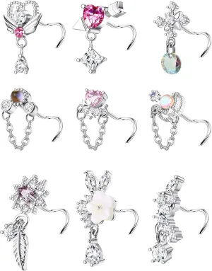 JOERICA 9 Pcs 20G Dangle Nose Rings Studs for Women Stainless Steel L Shaped Nose Studs Heart Arrow Feather Snowflake Wing CZ Dangling Nose Piercing Jewelry