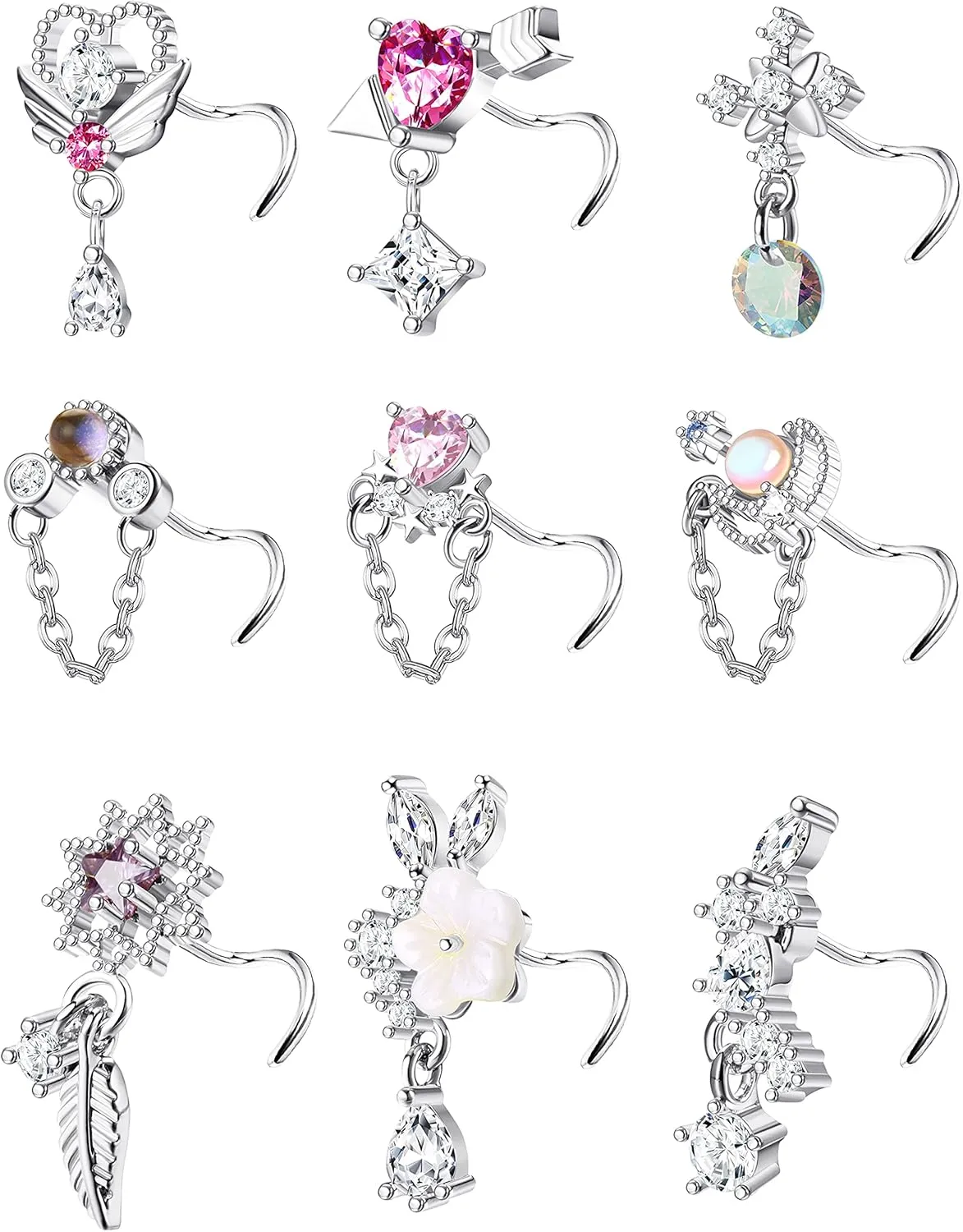 JOERICA 9 Pcs 20G Dangle Nose Rings Studs for Women Stainless Steel L Shaped Nose Studs Heart Arrow Feather Snowflake Wing CZ Dangling Nose Piercing Jewelry