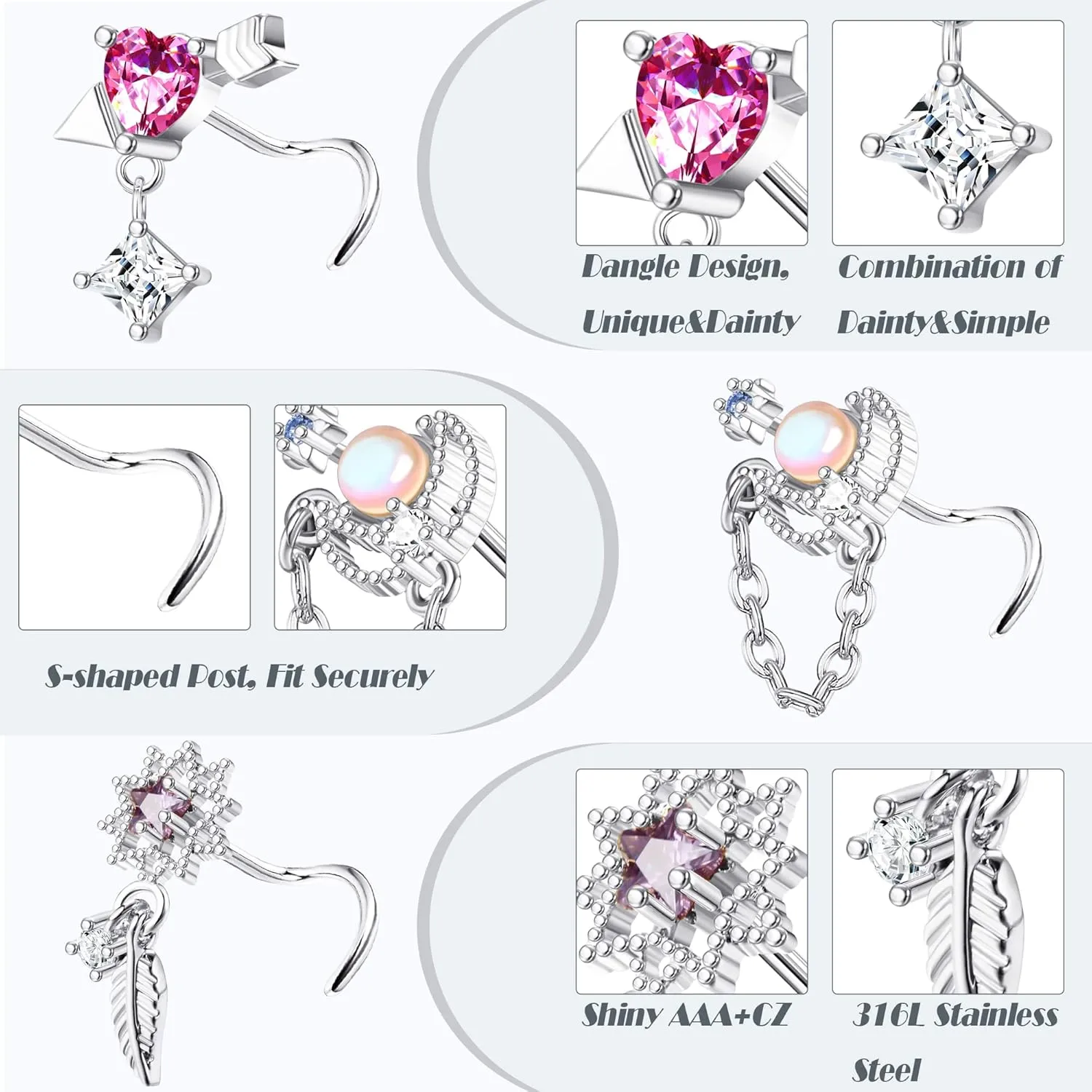 JOERICA 9 Pcs 20G Dangle Nose Rings Studs for Women Stainless Steel L Shaped Nose Studs Heart Arrow Feather Snowflake Wing CZ Dangling Nose Piercing Jewelry