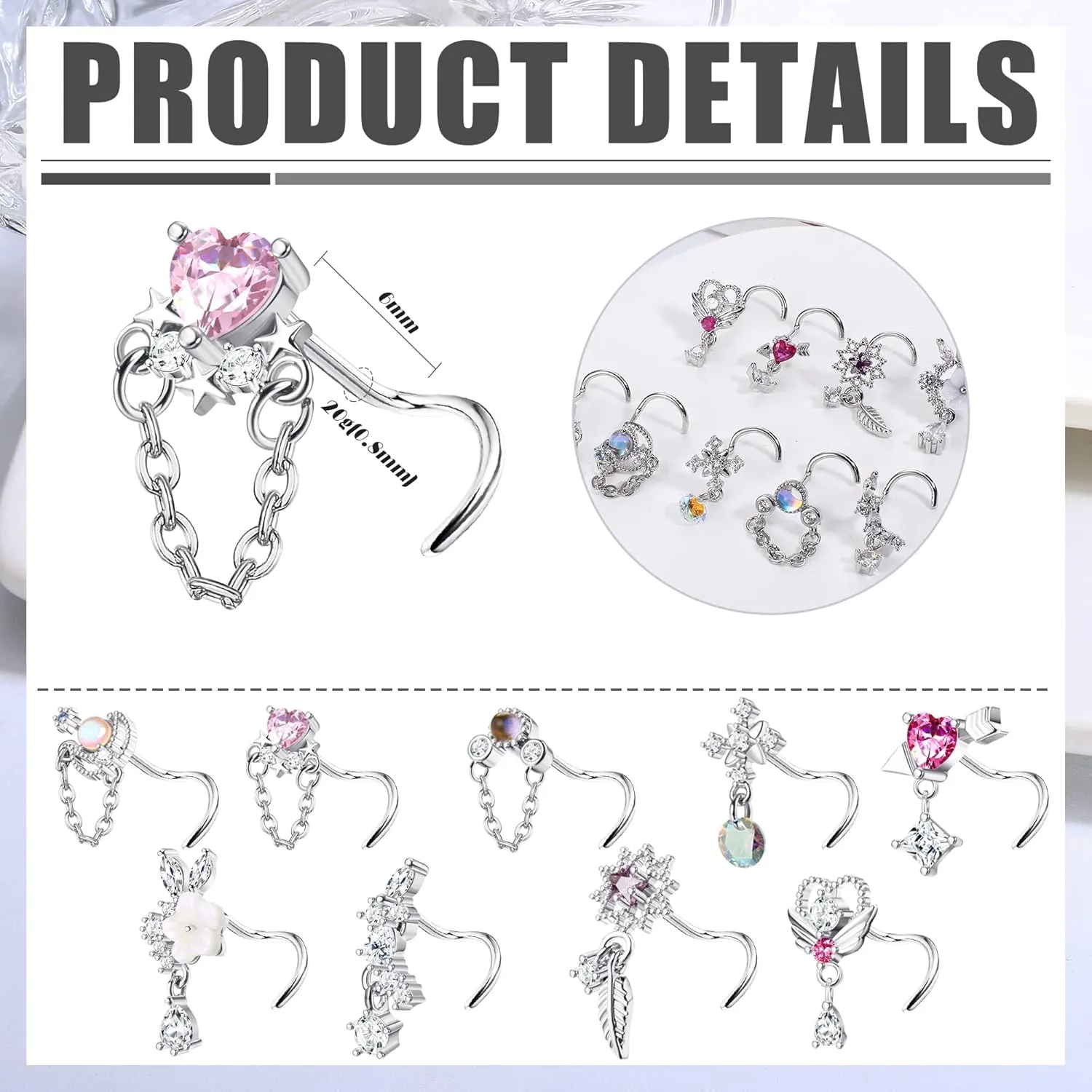 JOERICA 9 Pcs 20G Dangle Nose Rings Studs for Women Stainless Steel L Shaped Nose Studs Heart Arrow Feather Snowflake Wing CZ Dangling Nose Piercing Jewelry