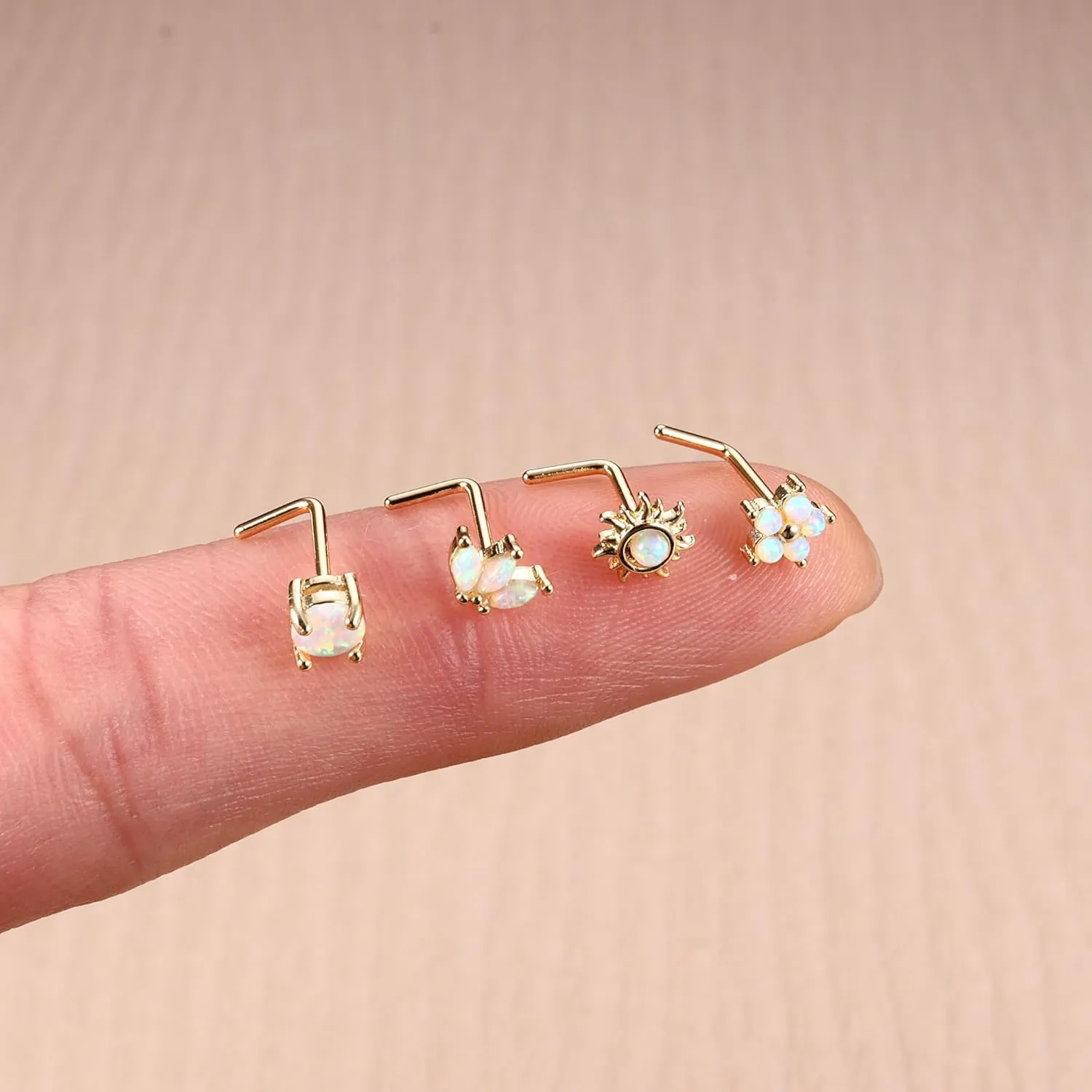 JOERICA Nose Rings Studs for Women Stainless Steel L Shaped Nose Studs Tiny Opal CZ Sunflower Turquoise Bee Planet Geometric Nose Piercing Jewelry