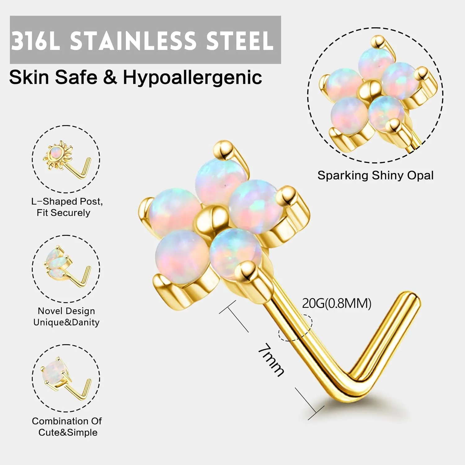 JOERICA Nose Rings Studs for Women Stainless Steel L Shaped Nose Studs Tiny Opal CZ Sunflower Turquoise Bee Planet Geometric Nose Piercing Jewelry